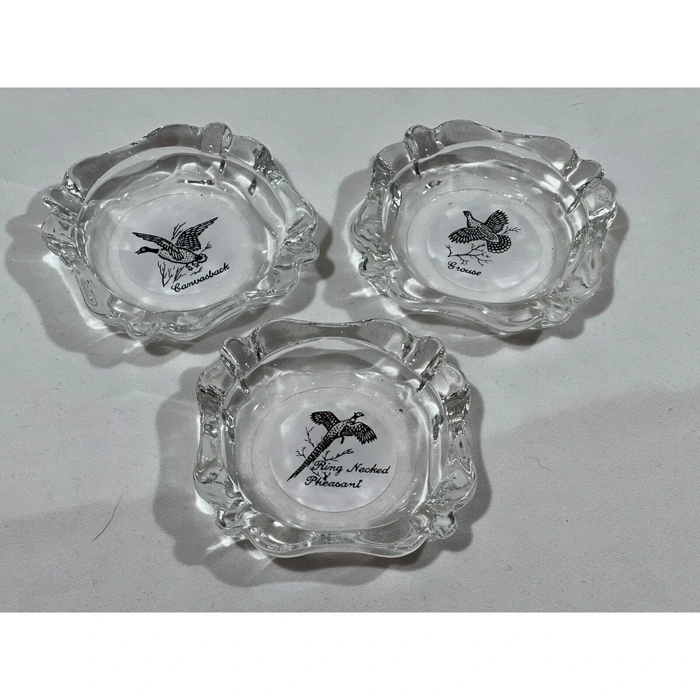 Game Bird Ashtray Set Lot Of 3 Glass‎ Grouse Pheasant Hunting Decor